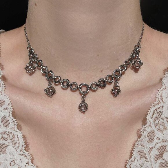 Hand Crafted Jewelry - Gothic fairy purple caged pearl chainmail choker necklace with a small silver ch